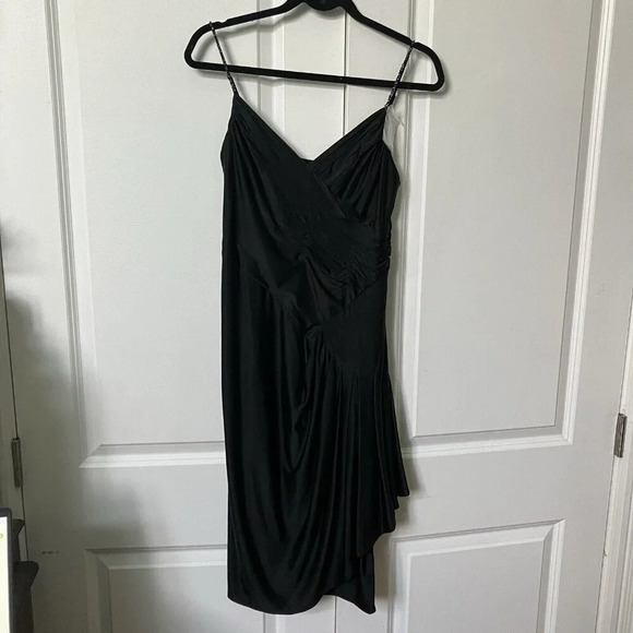 BCBG Maxazria Black Satin Pleated  Wrap Beaded Strap Cocktail LBD Dress - Picture 5 of 7